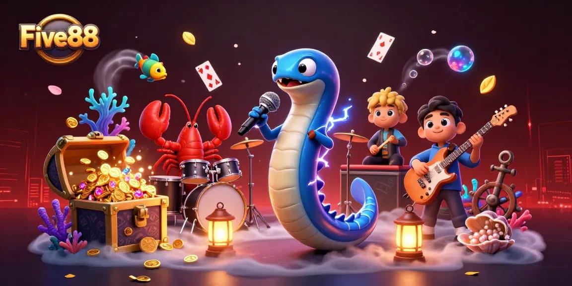 Experience the excitement of Five88 with an underwater casino scene featuring vibrant characters and dynamic elements.