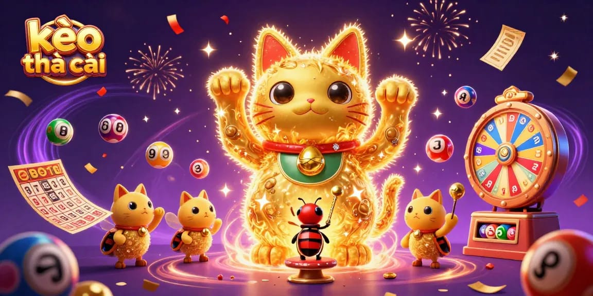 Engage with kèo nhà cái through a dynamic lottery-themed casino illustration full of excitement.