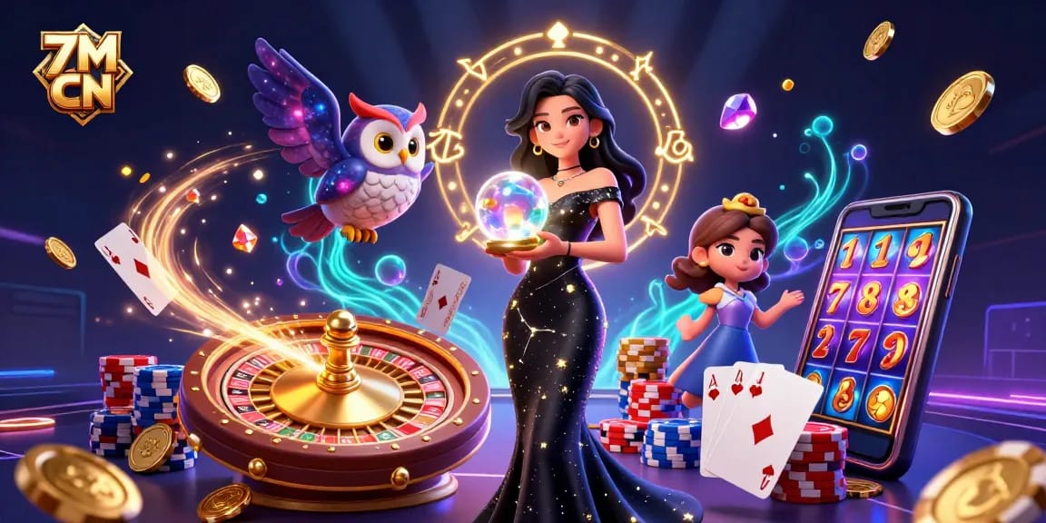 Experience thrilling gaming with 7M CN showcasing a stunning black-gowned woman and mystical owl in vibrant casino action.