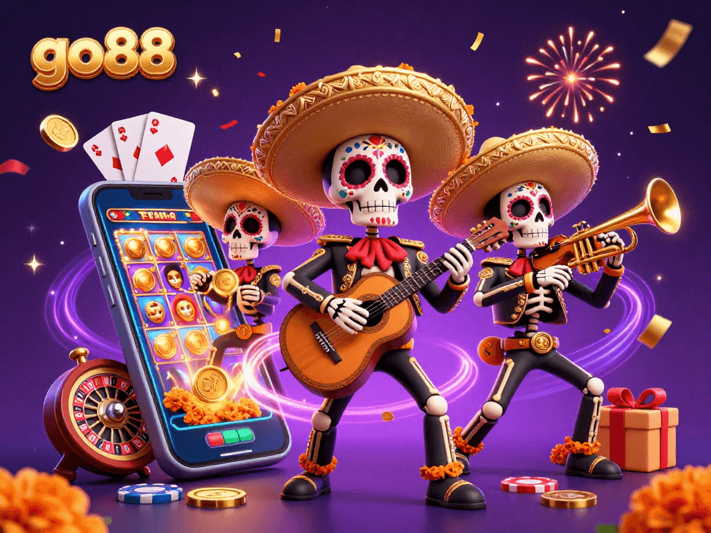 Play the exciting go88 slots with a vibrant mariachi band and dynamic gaming elements.