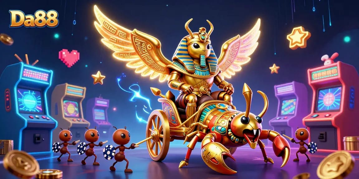 Engage in thrilling gameplay with Da88, featuring a colossal scarab beetle and dynamic casino elements.
