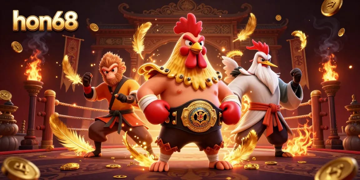 Experience thrilling bets at hon68 with fierce Muay Thai rooster and Shaolin monkey in a vibrant casino scene.