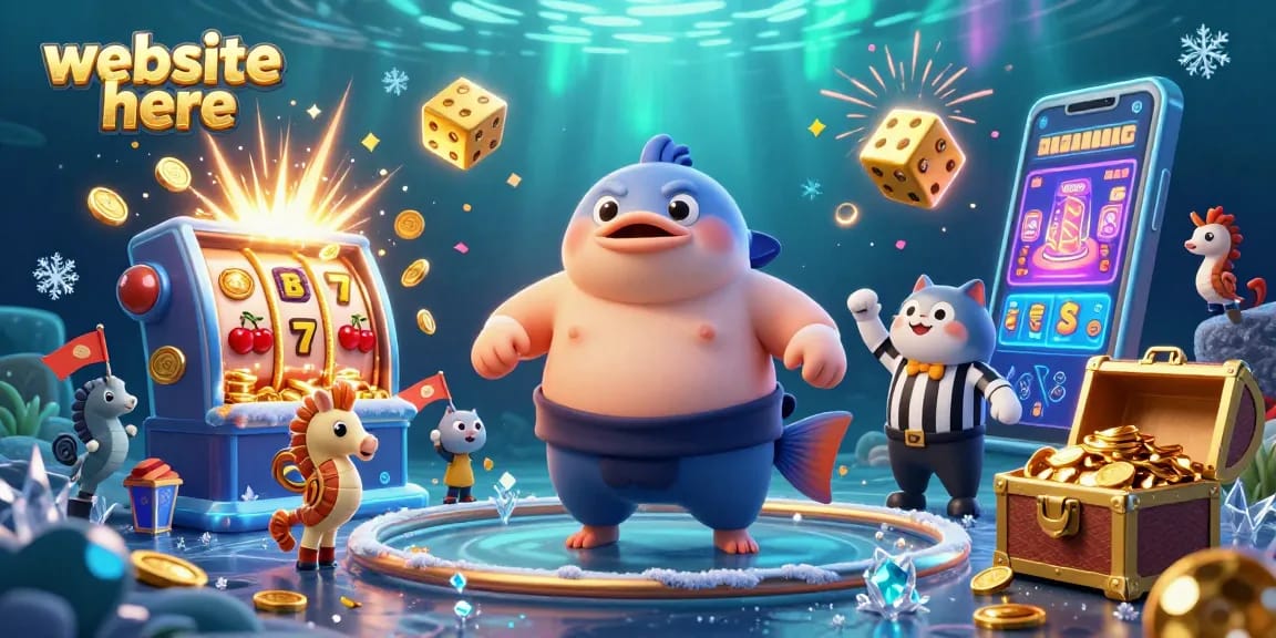 Engage in exciting underwater casino action with website here, featuring a fugu in a sumo mawashi.