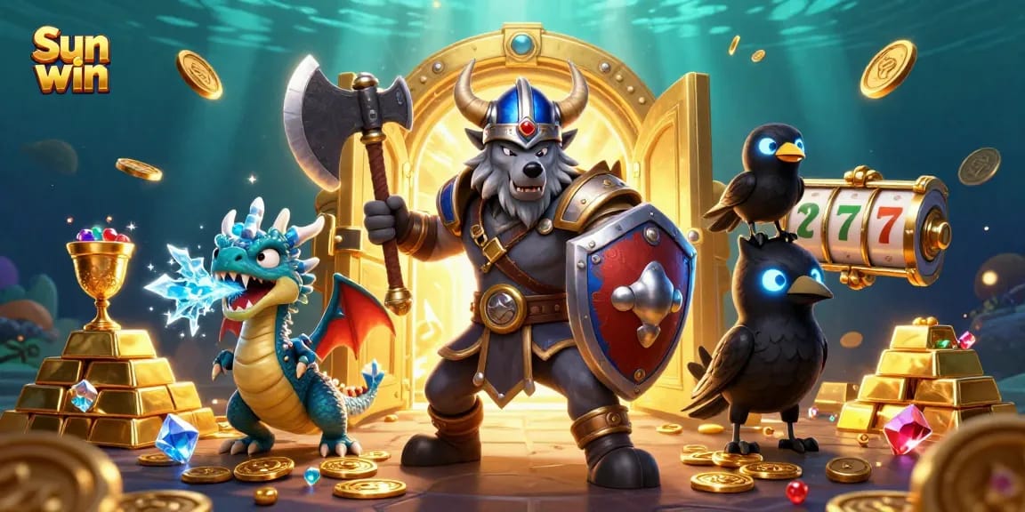 Experience the thrill of Sun win casino games with a dynamic Viking wolf and treasure scene.