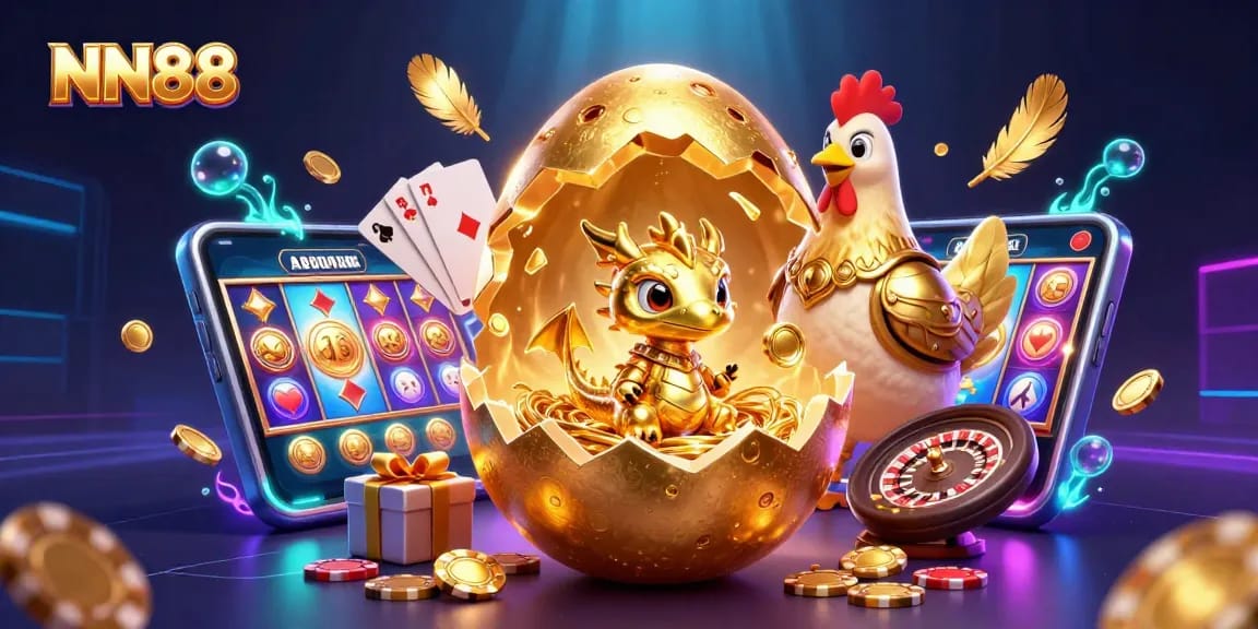 Engage with NN88's exhilarating gambling world featuring a golden dragon and dynamic casino elements.