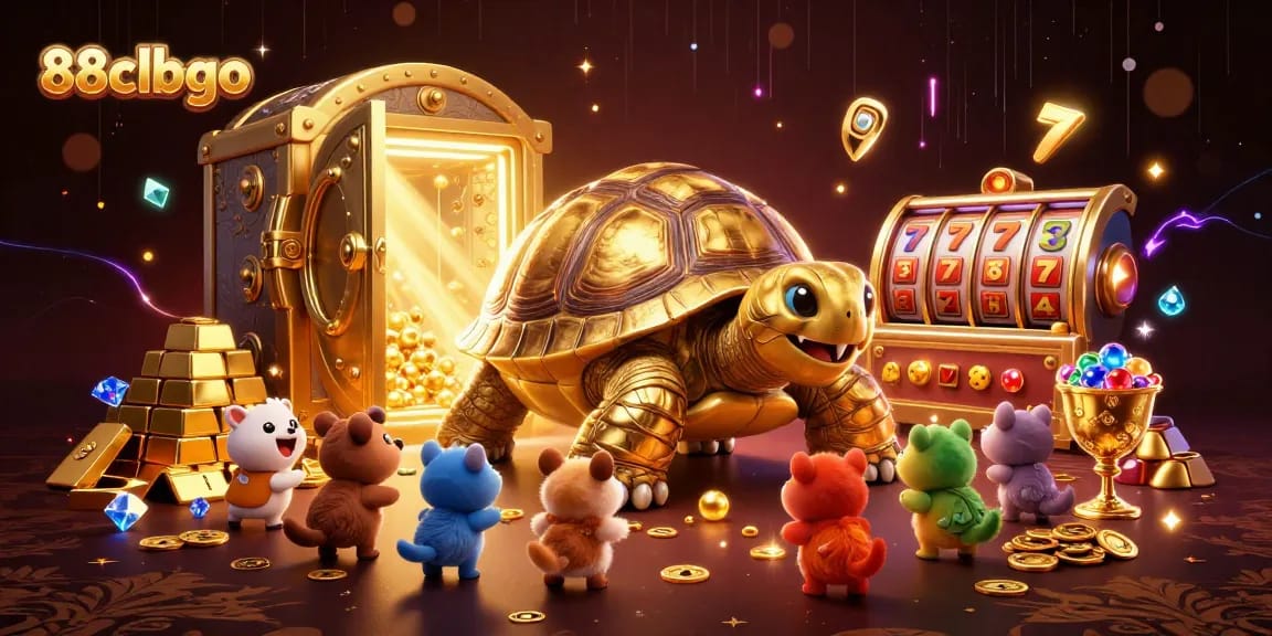 Engage in thrilling gameplay at 88clbgo with a dazzling 3D illustration of a golden tortoise pinball machine surrounded by treasure.