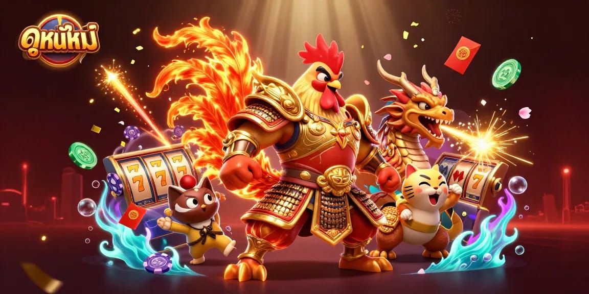 Experience ดูหนังใหม่ with an exciting 3D illustration of gaming elements and vibrant characters in a packed casino scene.