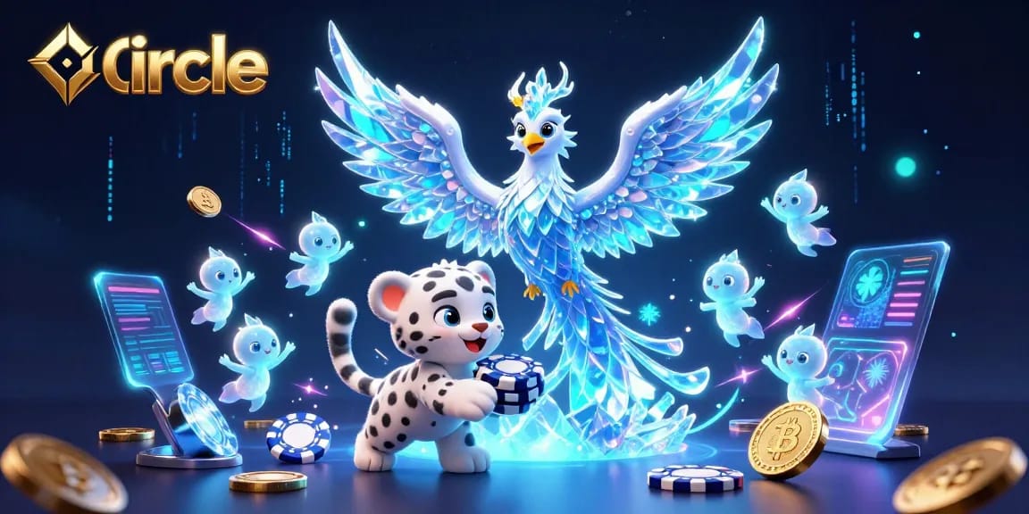 Engage in Circle blockchain gaming with vibrant visuals of an ice phoenix and glowing sprites.