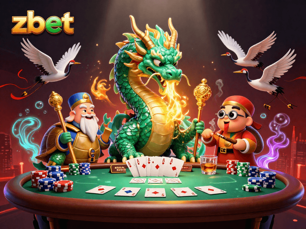 Experience thrilling gaming at zbet, featuring a dragon and turtle sage amid poker action!