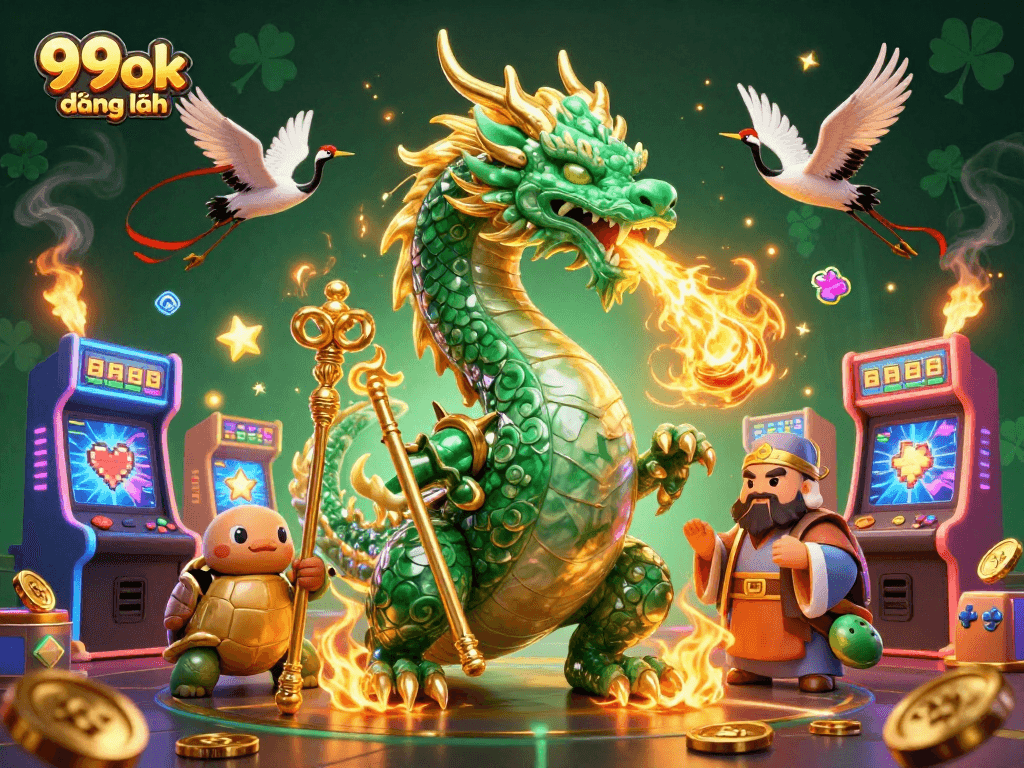 Experience 99ok đăng nhập with a vibrant 3D casino illustration featuring lucky symbols and characters.
