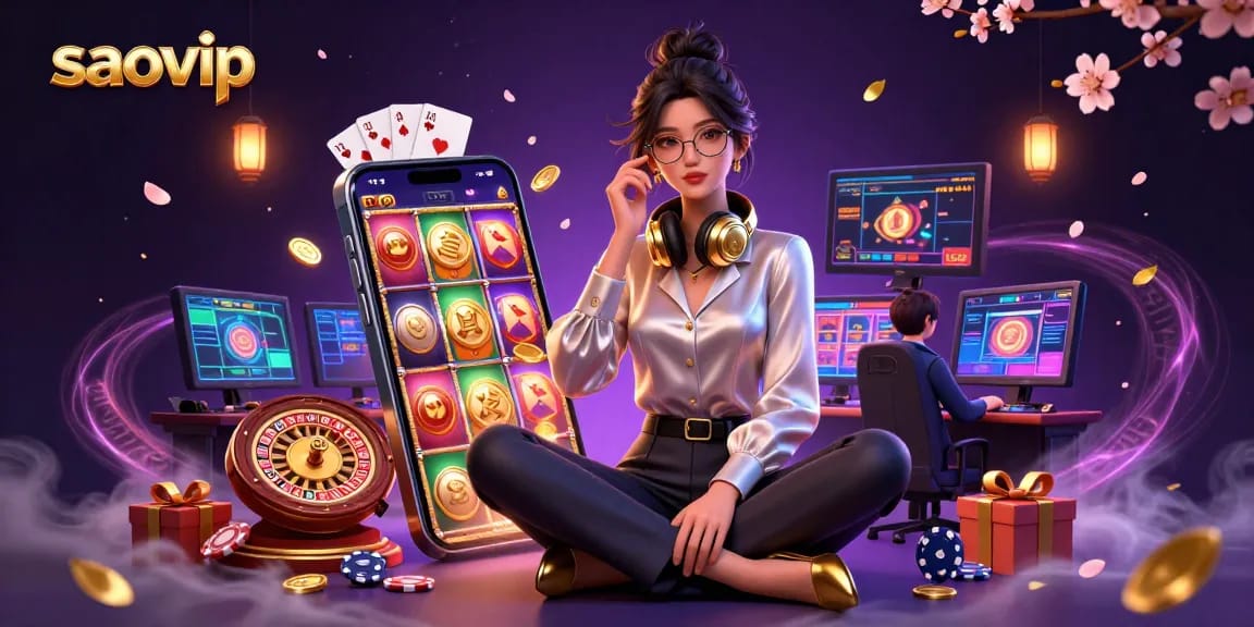Engage in thrilling gameplay at saovip, featuring a vibrant casino scene with slot games and dynamic elements.
