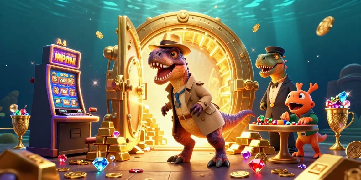 Engage in thrilling slot gameplay with tải sunwin as a velociraptor and friends create a dynamic casino scene.
