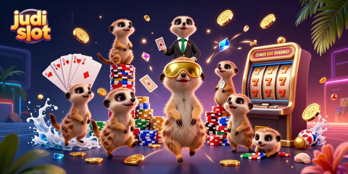 Experience judi slot in a lively meerkat casino scene filled with flying coins and vibrant decorations.