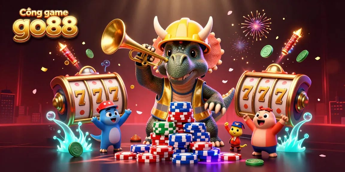 Cổng game go88 showcases a vibrant casino scene with characters celebrating amidst spinning slots and fireworks.