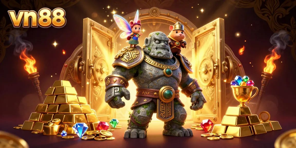 Experience the thrill of vn 88 casino games with a dynamic scene showcasing a stone golem guardian, sparkling treasures, and magical elements.