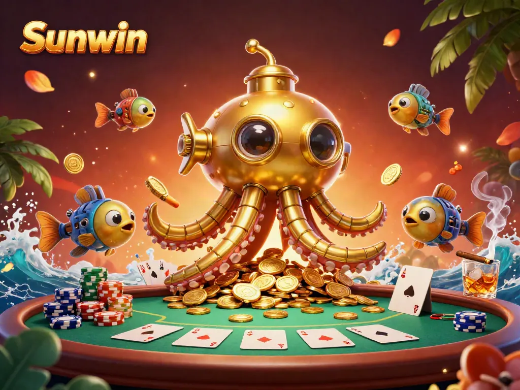 Experience the thrilling atmosphere of Sunwin with this vibrant 3D illustration showcasing a golden kraken submarine amidst a sea of poker chips and cards.