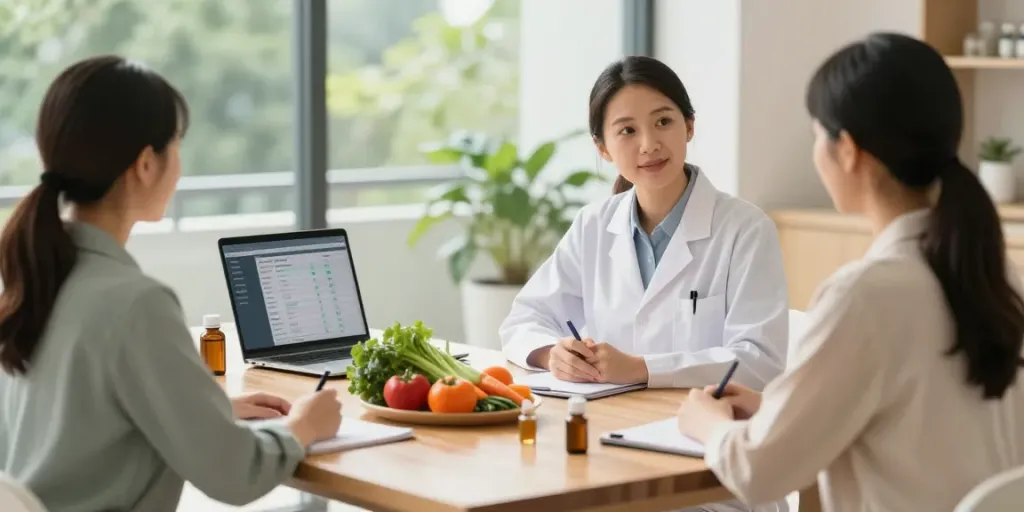 Nutritional Therapist Surrey consulting with a client in a wellness clinic filled with fresh produce and a calming atmosphere.