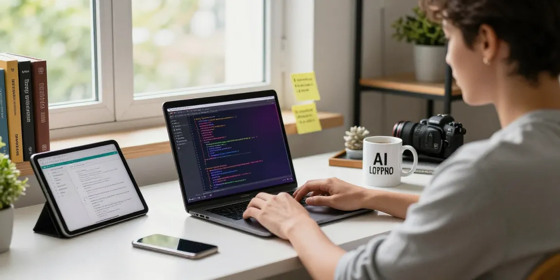 Build internal tools with AI in a modern workspace featuring coding setup and digital planning.