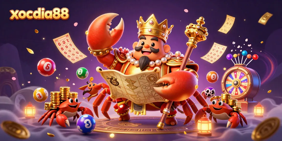 Xocdia88: Enter the vibrant world of online gaming with colorful lottery elements and a majestic crab emperor.