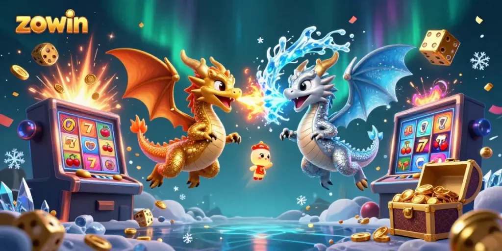 Zowin features stunning 3D dragons amid a dazzling casino scene bursting with games, symbols, and treasures.