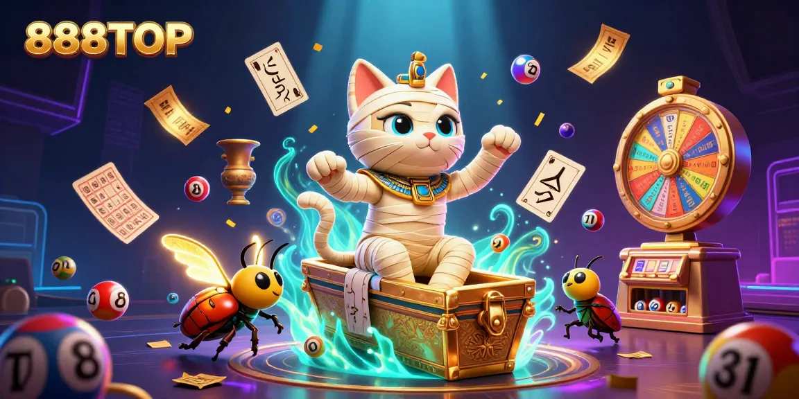 Join the excitement at 888TOP as the Egyptian mummy cat and scarab beetle unveil colorful lottery elements.