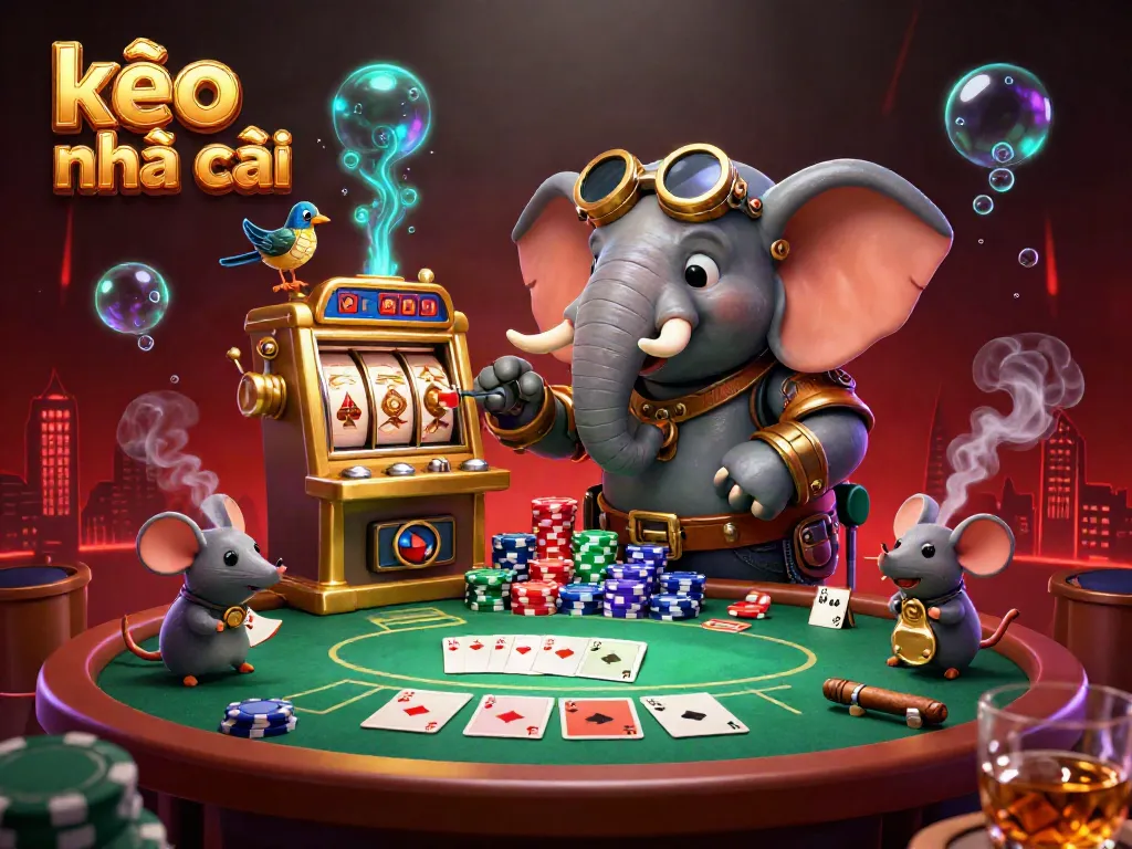 Experience the excitement of kèo nhà cái with a steampunk elephant engineer operating a golden slot machine.