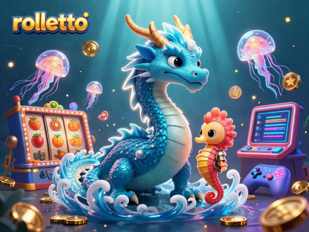 Engage with Rolletto, featuring a vibrant underwater casino scene with a dragon, knight, and slot elements.