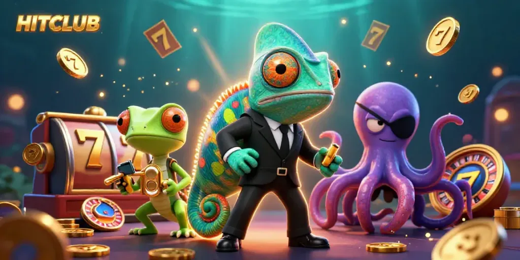 Experience HITCLUB's thrilling casino adventure featuring characters amidst slot reels and vibrant gaming elements.