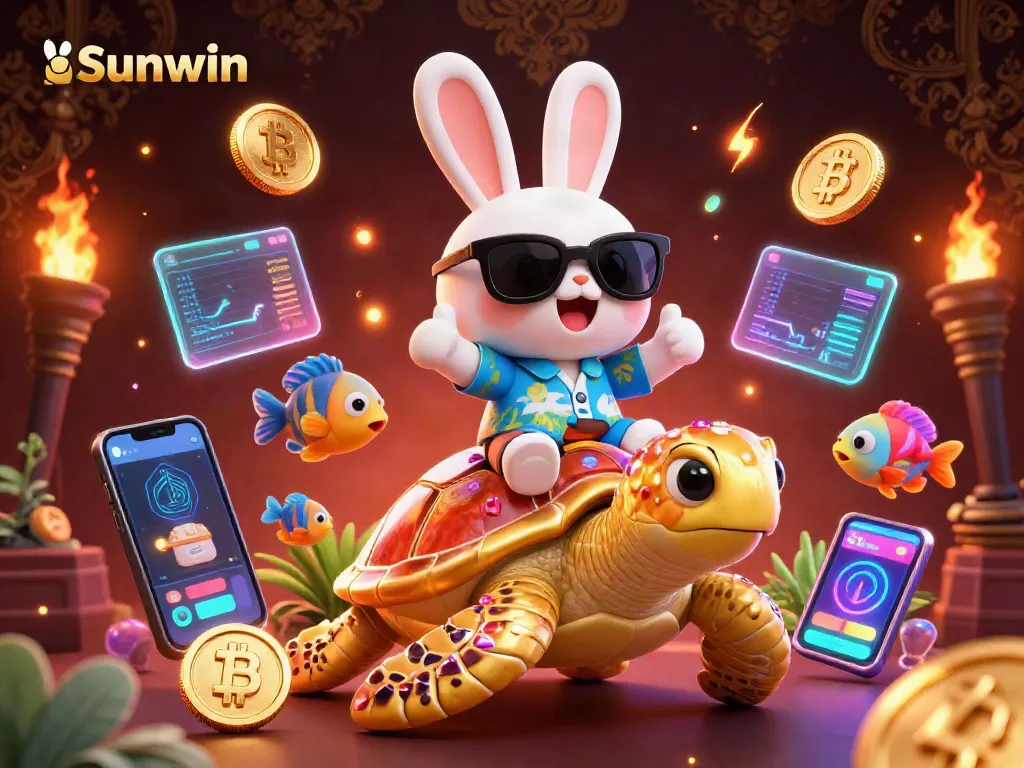 Experience the thrill of Sunwin with lucky rabbit and golden turtle in vibrant casino scene