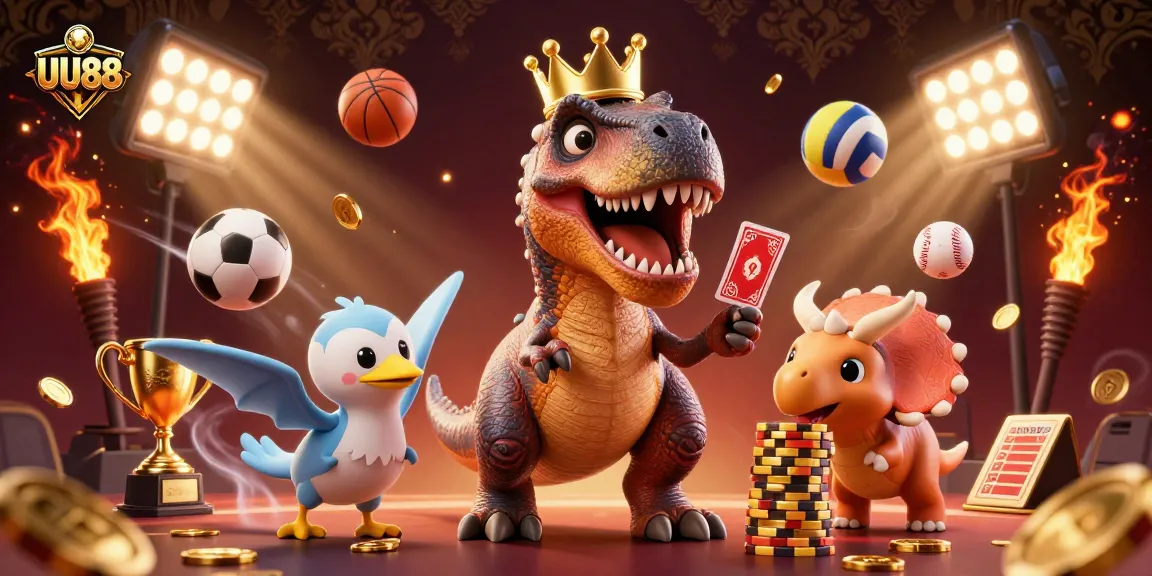 UU88 engaging with a lively casino scene with a dinosaur character playing cards and surrounded by dynamic sports elements.