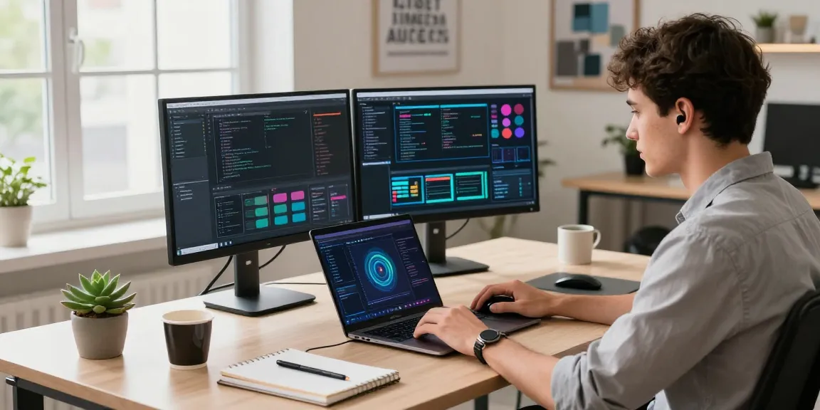 Professional working on an AI laptop in a modern workspace with vibrant displays and tech gadgets.