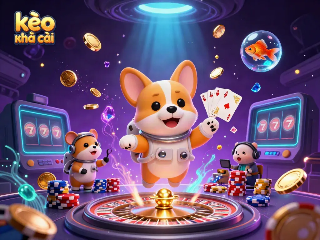 Engaging scene showcasing kèo nhà cái with a cartoon astronaut corgi and friends gambling in space.