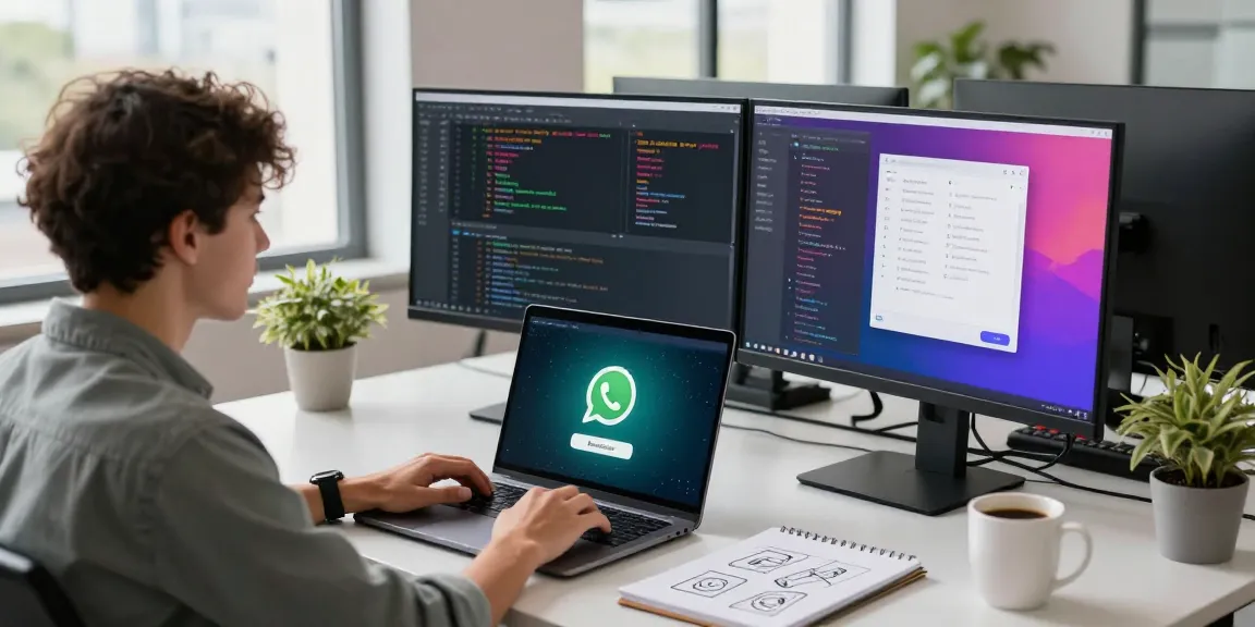 Downloading WhatsApp下載 on a laptop at a modern tech workspace.