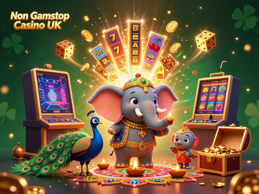 Engaging Non Gamstop Casino UK 3D illustration featuring themed characters, vibrant slot elements, and festive decorations.