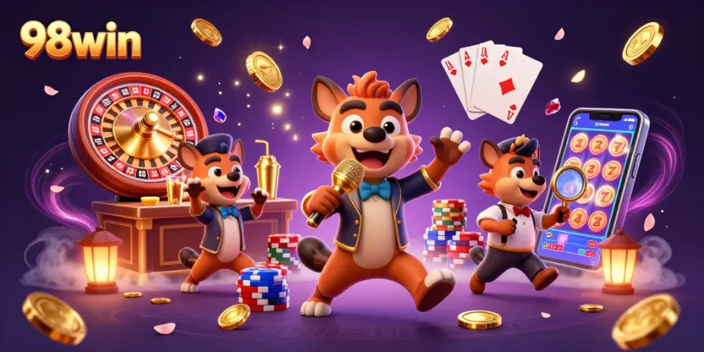Engage in thrilling casino fun with 98win featuring hyenas in a vibrant comedy club scene.