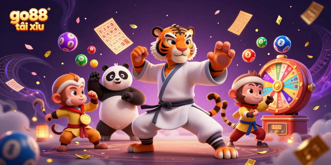 Engage with go88 tài xỉu through a fun 3D scene featuring a kung fu tiger master, panda disciple, and monkey student.