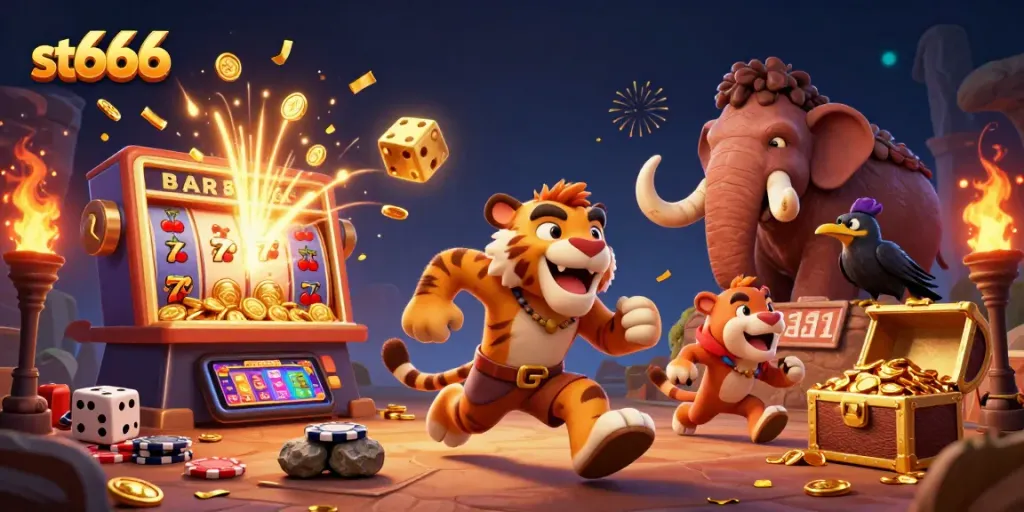 Experience thrilling wins at st666 with a vibrant scene of cavemen and tigers in a prehistoric casino