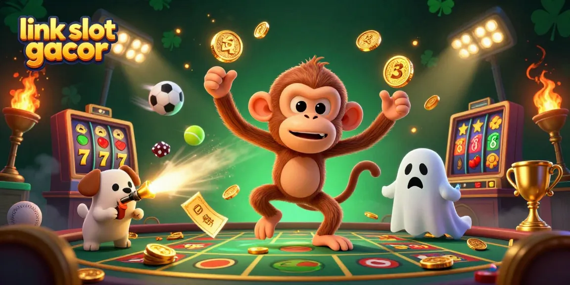 View the dynamic scene of link slot gacor featuring a playful monkey and a curious puppy in a vibrant casino.