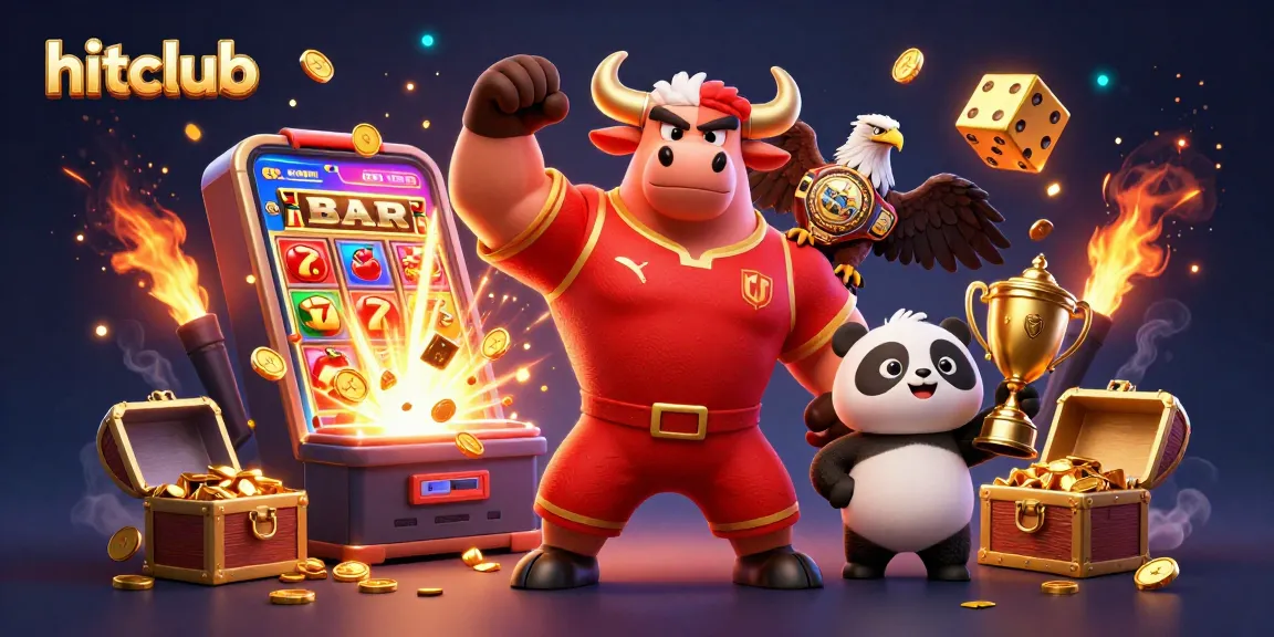 Hitclub promotes exciting gameplay with a 3D bull mascot, eagle, and panda amid a dynamic casino scene.