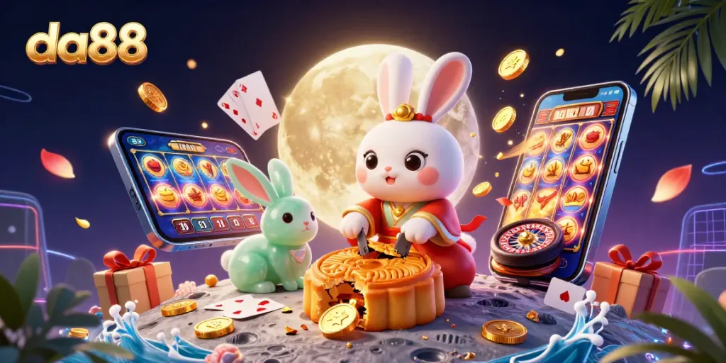 Experience thrilling games at da88 with a festive illustration of moon rabbits revealing treasure inside mooncakes.
