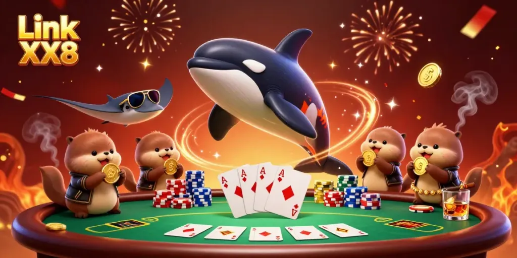 Engage in thrilling gameplay with Link XX8 as a spectacular scene unfolds with sea creatures and poker elements.