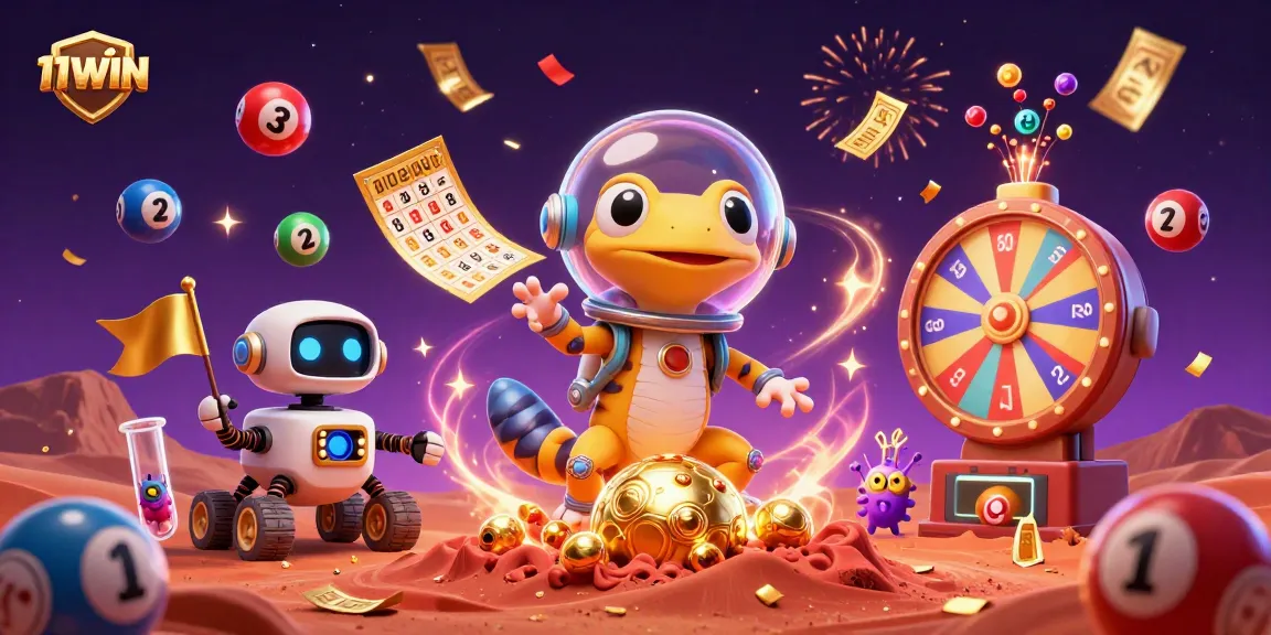 Engage in the excitement of 11WIN with a vibrant alien casino adventure amidst colorful lottery elements.