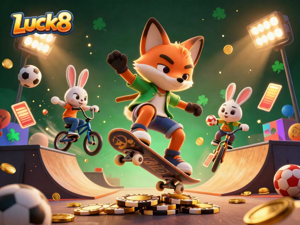 Experience thrill and excitement with Luck8's vibrant casino-themed 3D illustration, featuring animated characters and dynamic elements.