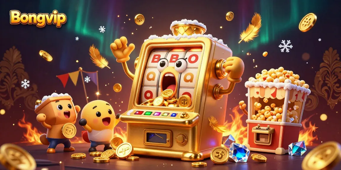 Bongvip's golden slot machine celebrates a jackpot with vibrant coins pouring out amidst an animated casino scene.