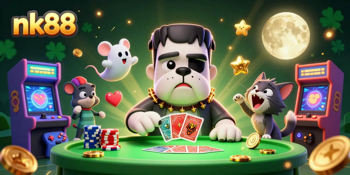 nk88 showcases a thrilling casino scene with a Frankenstein bulldog dealing cards and a ghost mouse.