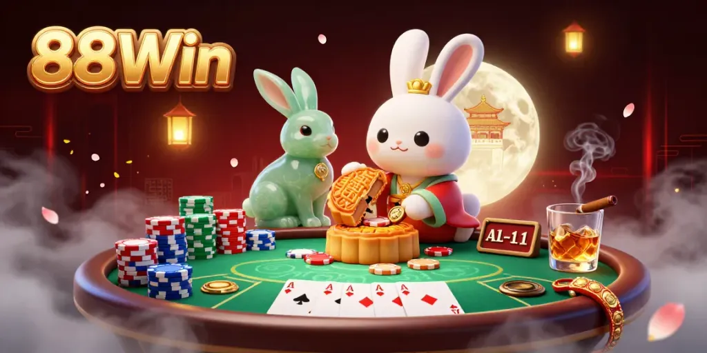 Pound mooncakes revealing poker chips in a vibrant 88Win casino scene with rabbits and rich game elements.