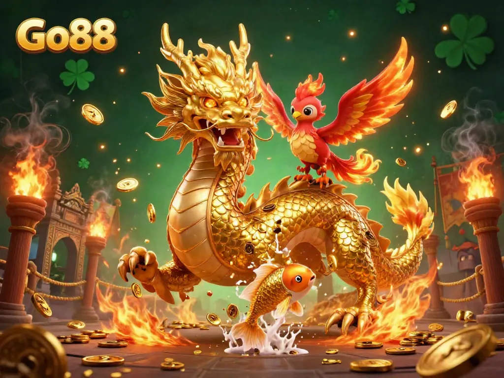 Engage in thrilling gameplay at Go88 with vibrant dragon, phoenix, and koi fish scene.
