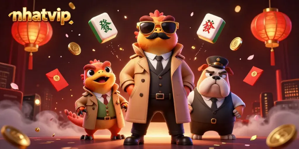 Nhatvip raptors sneak into a VIP casino, surrounded by festive gaming elements.