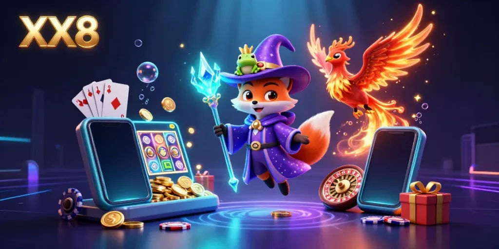 Experience the excitement of XX8 with a magical scene featuring a wizard fox, phoenix, and vibrant gambling elements.