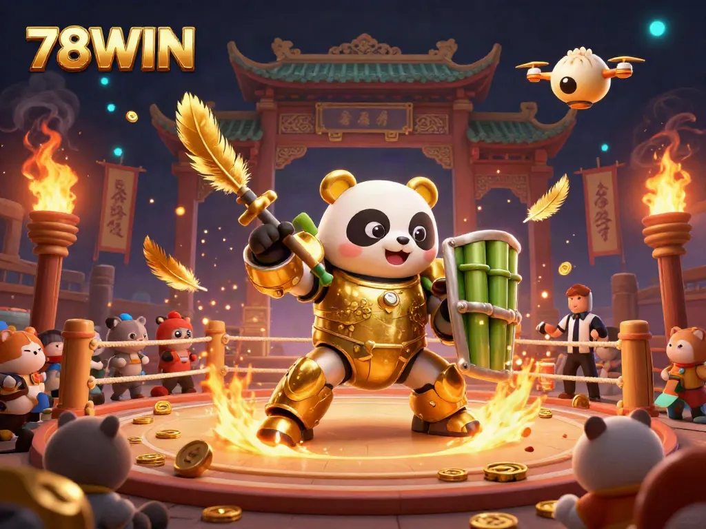 Engage with 78WIN's dynamic gaming scene featuring a golden panda piloting a robot in a lively arena.